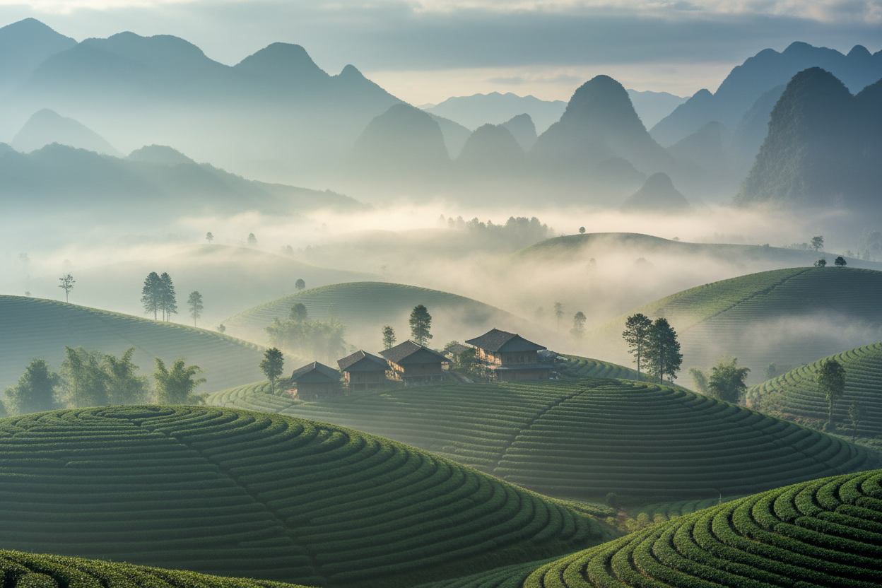 茶山的自然风光，有雾气